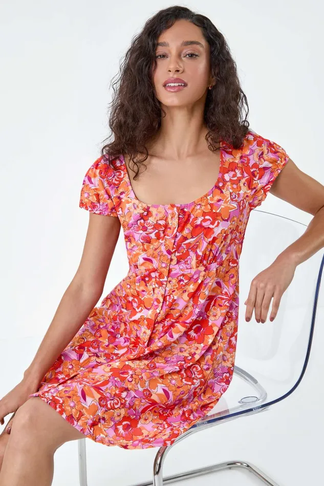Women Orange Floral Print Button Through Dress Roman Dresses