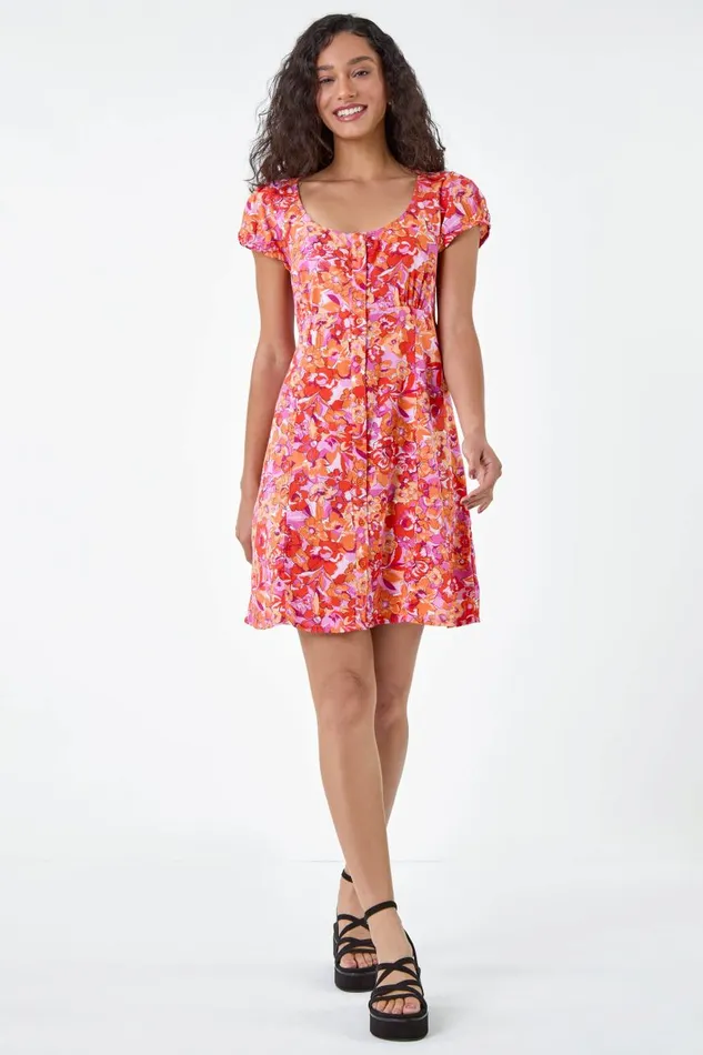 Women Orange Floral Print Button Through Dress Roman Dresses