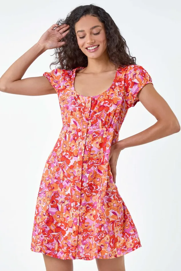 Women Orange Floral Print Button Through Dress Roman Dresses