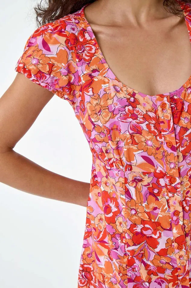 Women Orange Floral Print Button Through Dress Roman Dresses