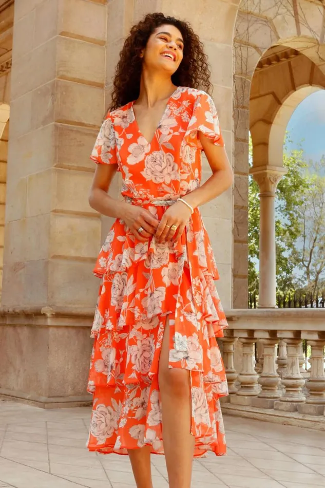 Women Orange Floral Print Chiffon Tiered Midi Dress Roman Dresses