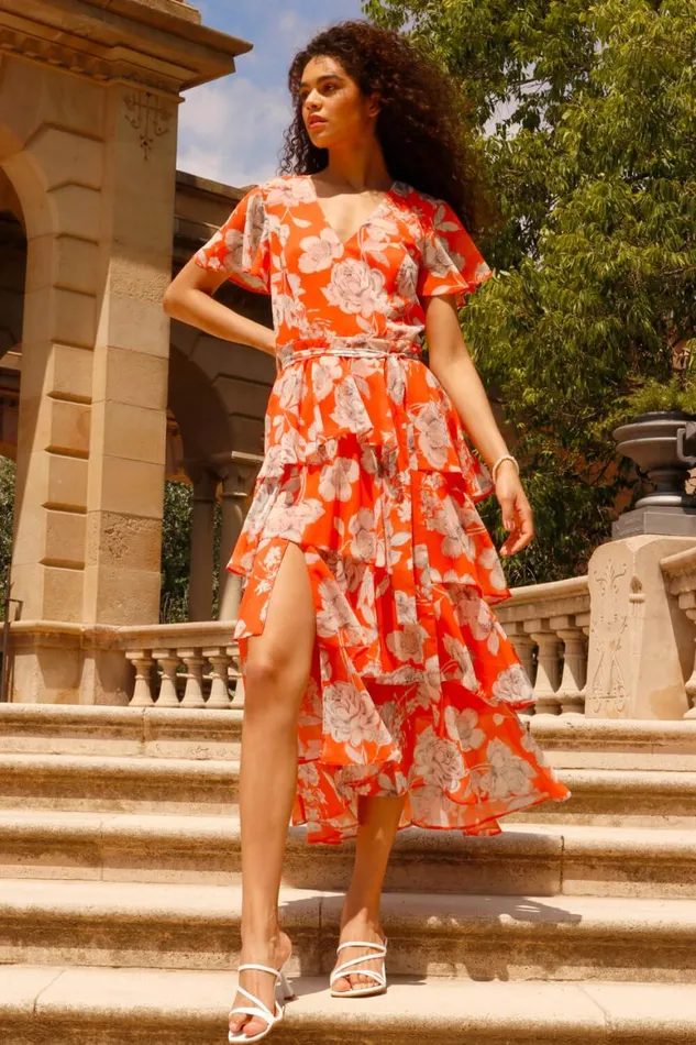 Women Orange Floral Print Chiffon Tiered Midi Dress Roman Dresses