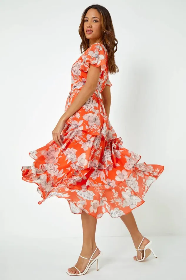 Women Orange Floral Print Chiffon Tiered Midi Dress Roman Dresses