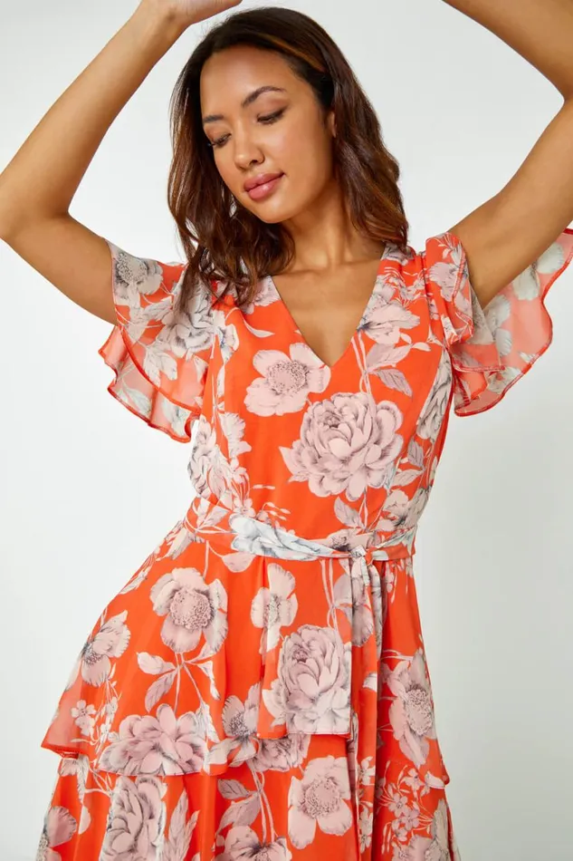 Women Orange Floral Print Chiffon Tiered Midi Dress Roman Dresses
