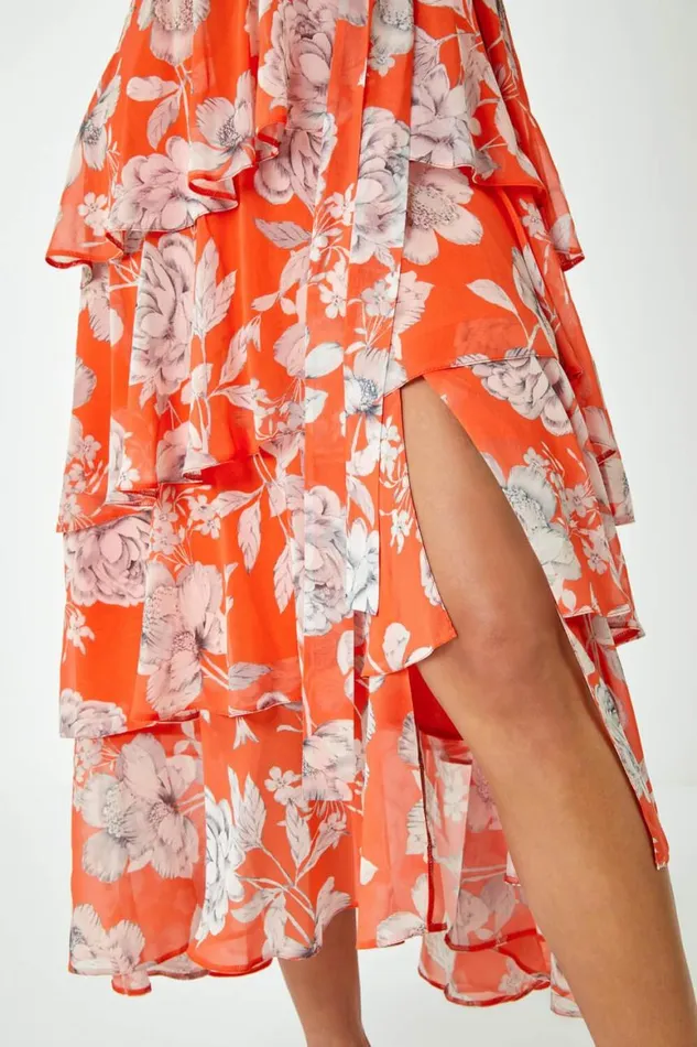 Women Orange Floral Print Chiffon Tiered Midi Dress Roman Dresses
