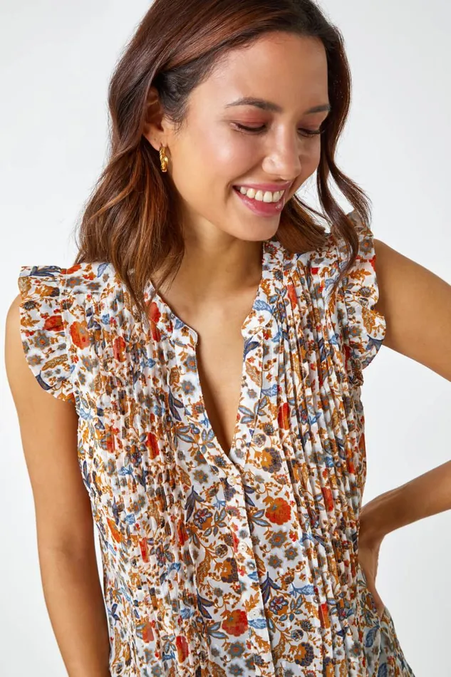 Women Orange Floral Print Pintuck Detail Chiffon Top Roman Tops