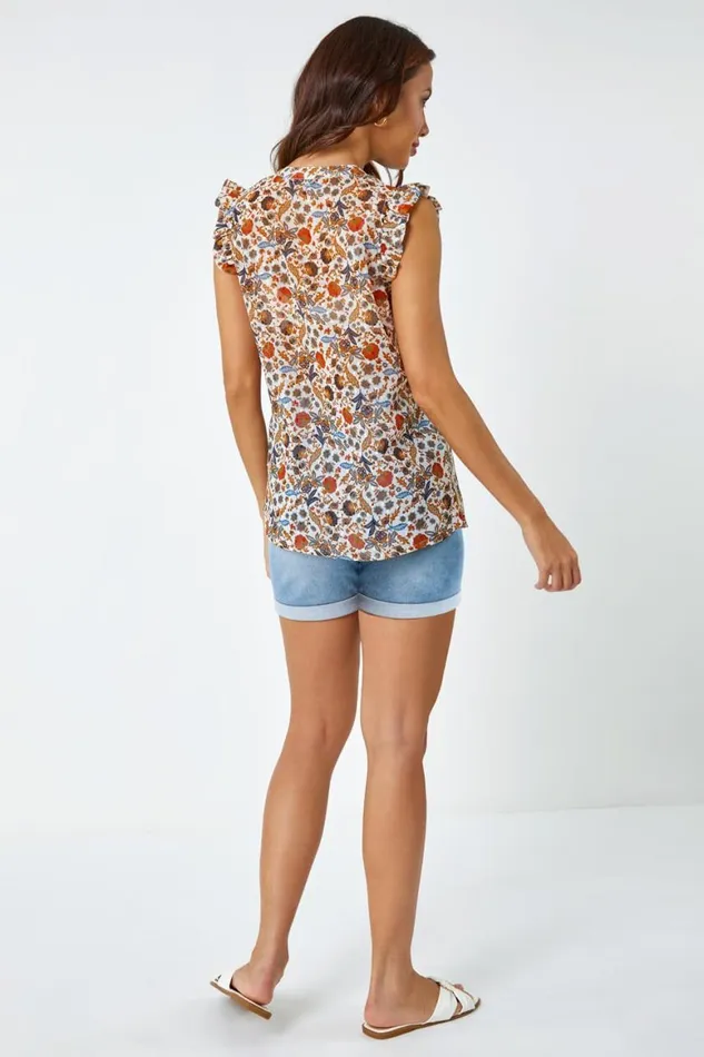 Women Orange Floral Print Pintuck Detail Chiffon Top Roman Tops