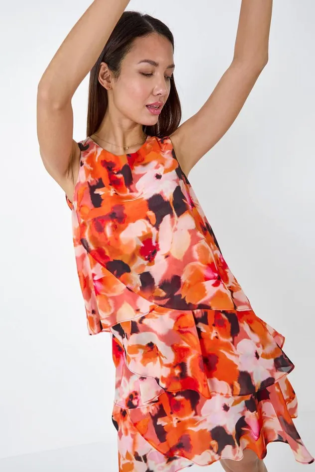Women Orange Floral Print Tiered Layer Dress Roman Dresses