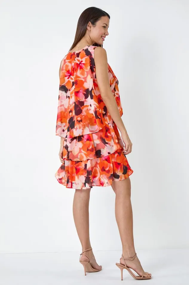 Women Orange Floral Print Tiered Layer Dress Roman Dresses