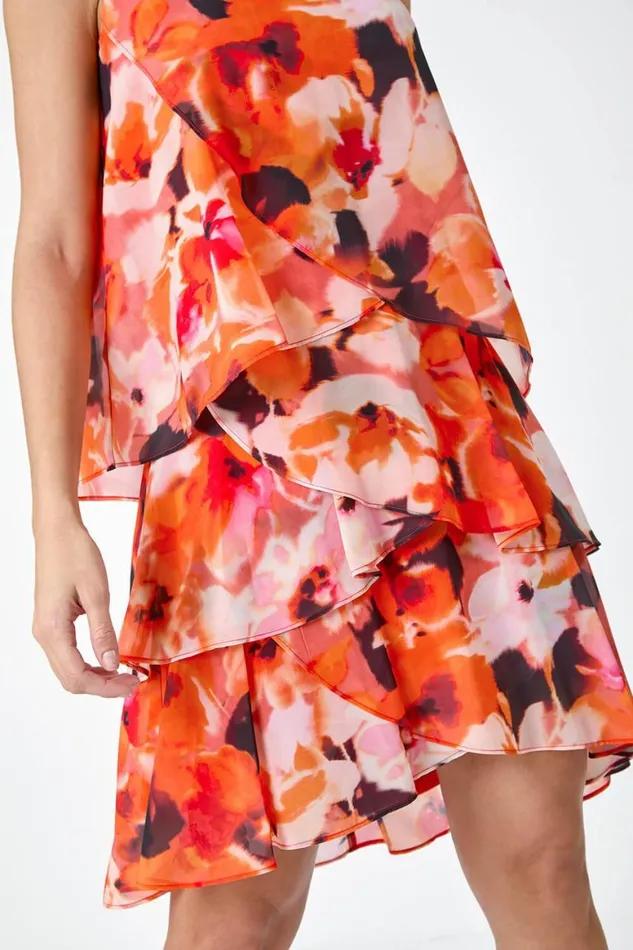 Women Orange Floral Print Tiered Layer Dress Roman Dresses