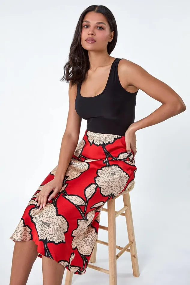 Women Orange Floral Satin Bias Cut Midi Elastic Waist Skirt Roman Skirts