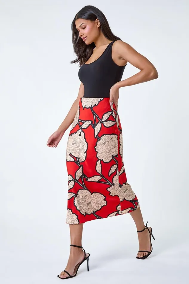 Women Orange Floral Satin Bias Cut Midi Elastic Waist Skirt Roman Skirts