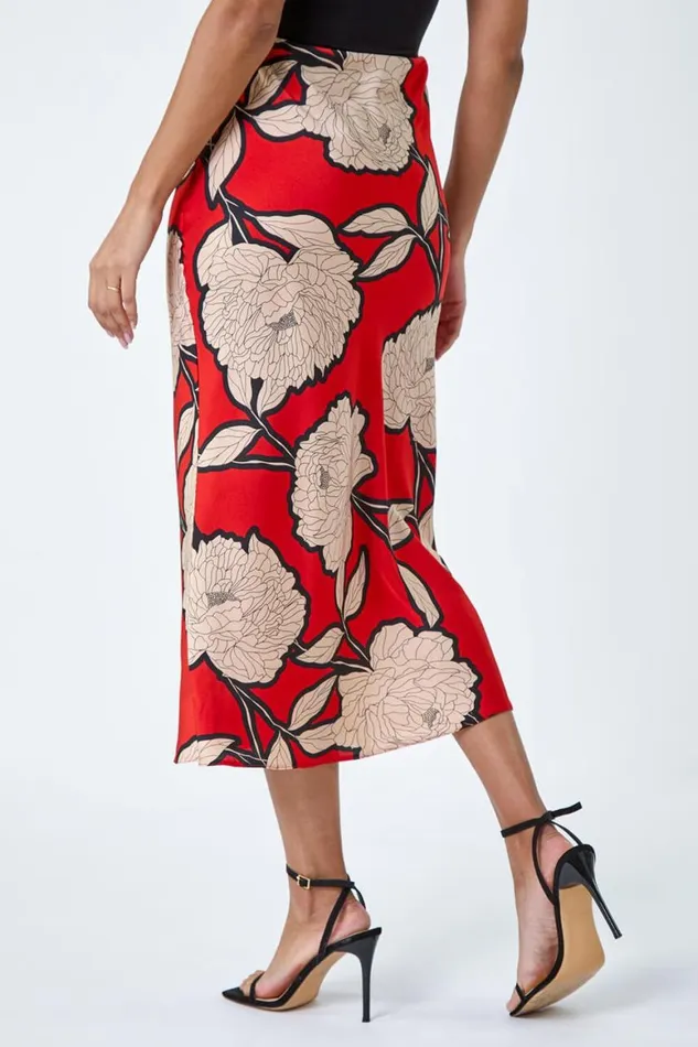 Women Orange Floral Satin Bias Cut Midi Elastic Waist Skirt Roman Skirts