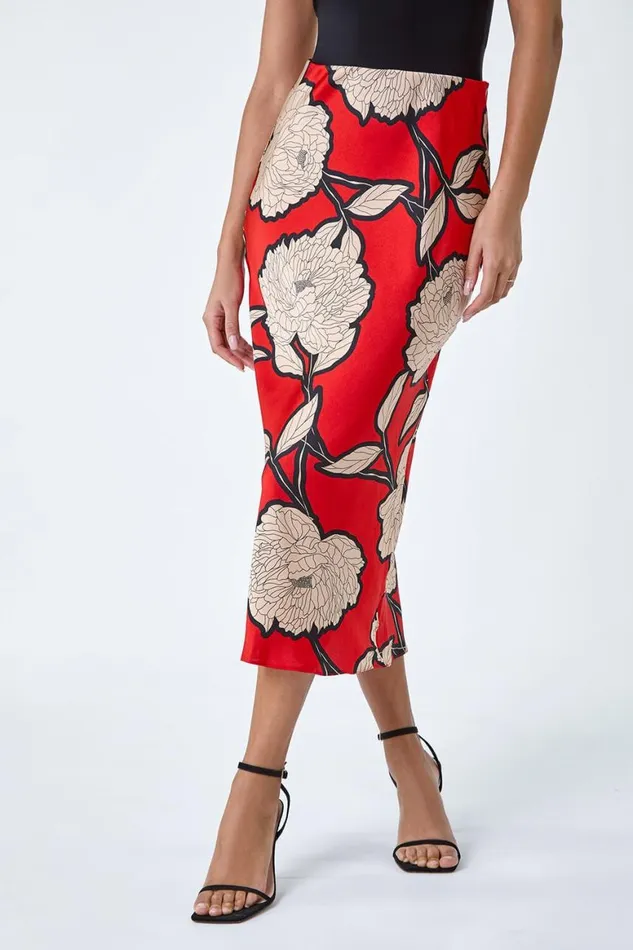 Women Orange Floral Satin Bias Cut Midi Elastic Waist Skirt Roman Skirts