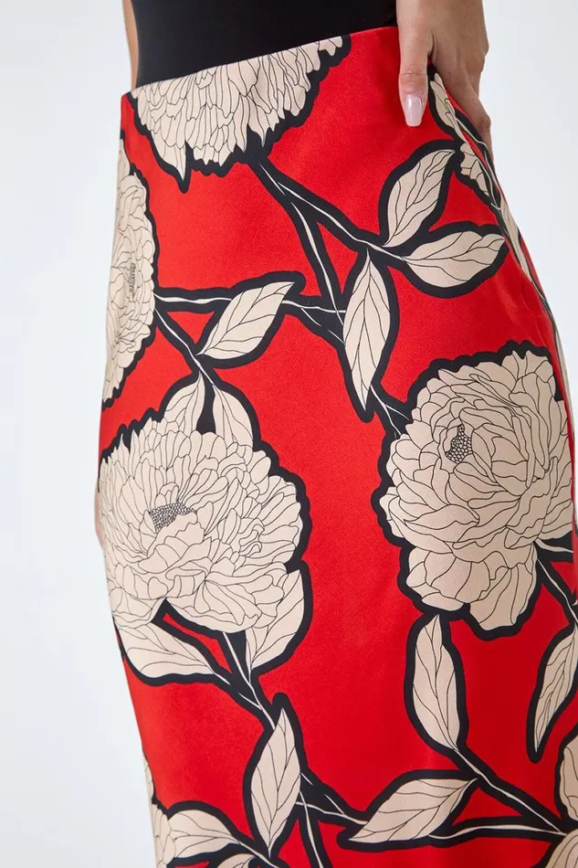 Women Orange Floral Satin Bias Cut Midi Elastic Waist Skirt Roman Skirts