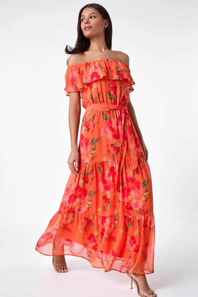 Women Orange Floral Tiered Bardot Belted Dress Roman Dresses