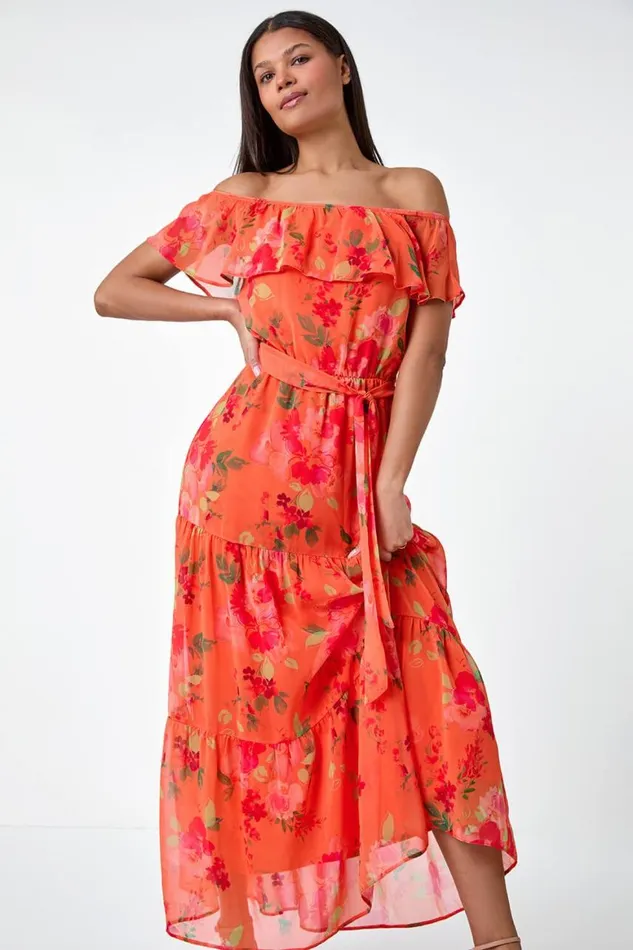 Women Orange Floral Tiered Bardot Belted Dress Roman Dresses