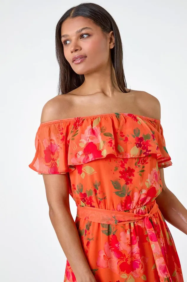 Women Orange Floral Tiered Bardot Belted Dress Roman Dresses