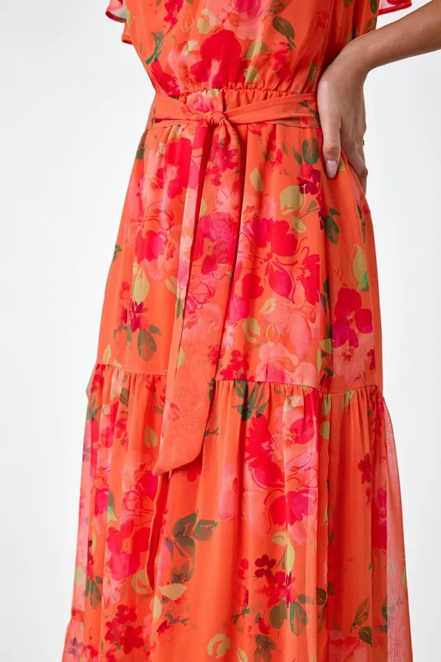 Women Orange Floral Tiered Bardot Belted Dress Roman Dresses