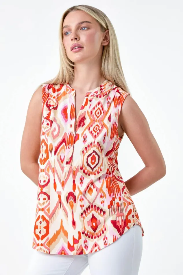 Women Orange Petite Aztec Print Stretch Top Roman Tops