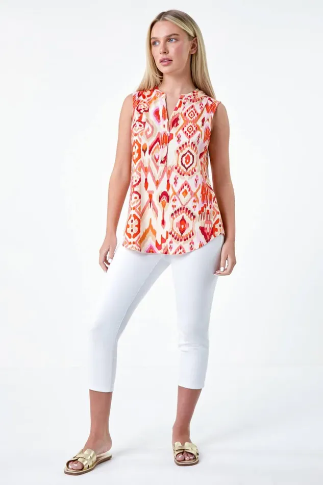 Women Orange Petite Aztec Print Stretch Top Roman Tops