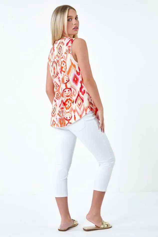 Women Orange Petite Aztec Print Stretch Top Roman Tops