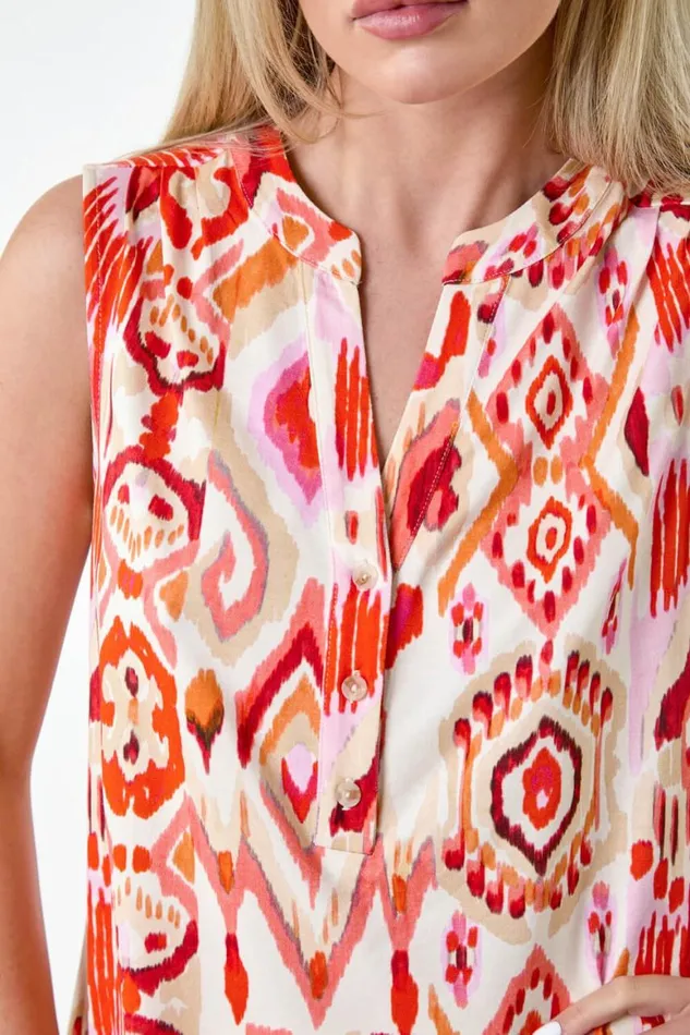 Women Orange Petite Aztec Print Stretch Top Roman Tops