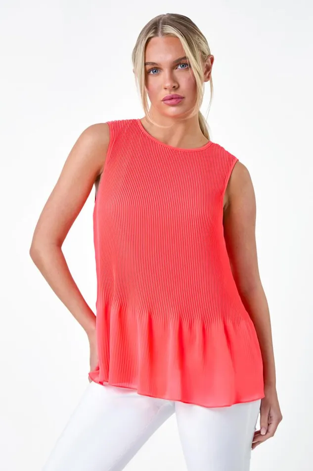 Women Orange Petite Plain Pleated Vest Top Roman Tops