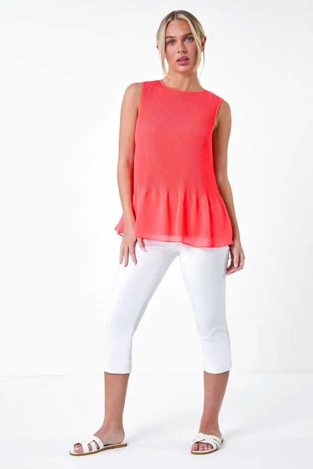 Women Orange Petite Plain Pleated Vest Top Roman Tops