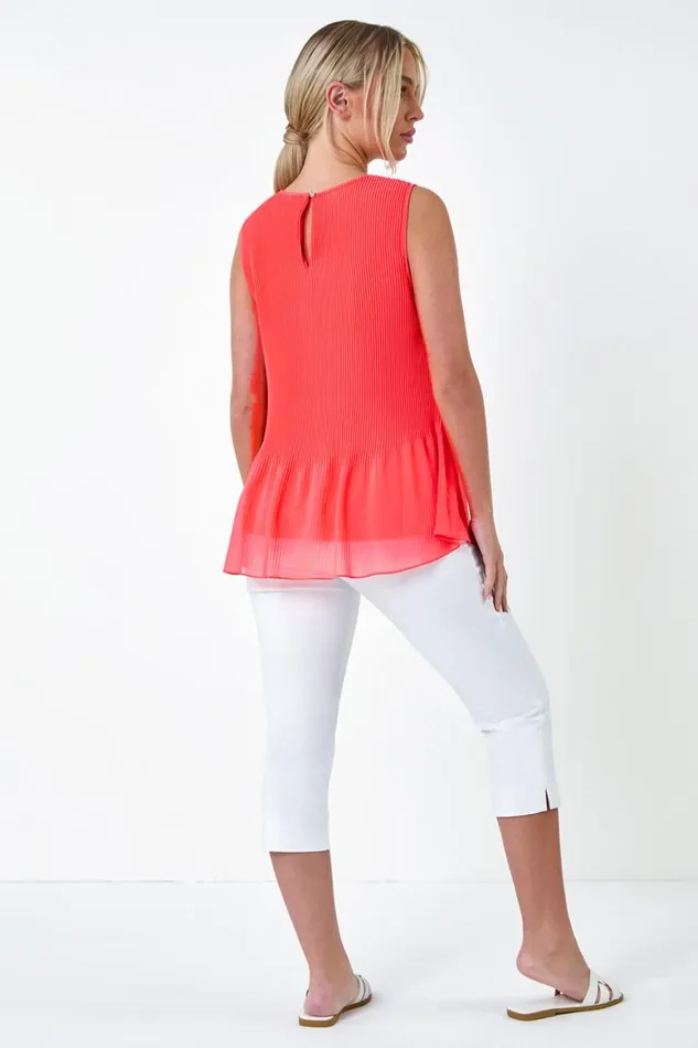 Women Orange Petite Plain Pleated Vest Top Roman Tops