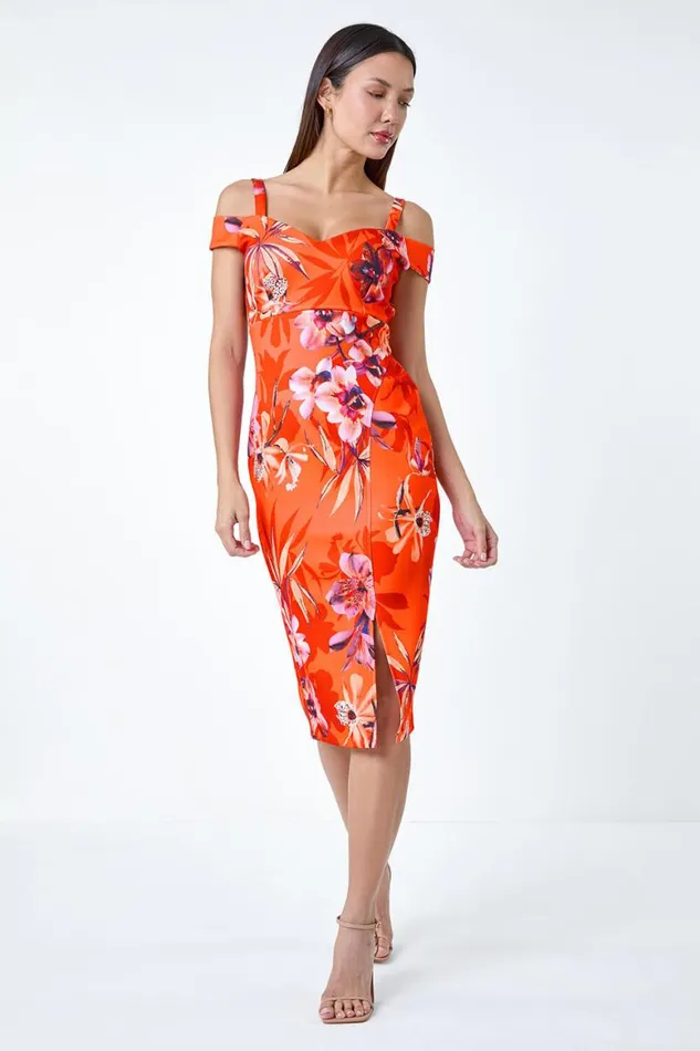 Women Orange Premium Stretch Floral Cold Shoulder Dress Roman Dresses