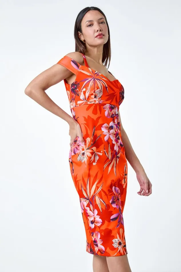 Women Orange Premium Stretch Floral Cold Shoulder Dress Roman Dresses
