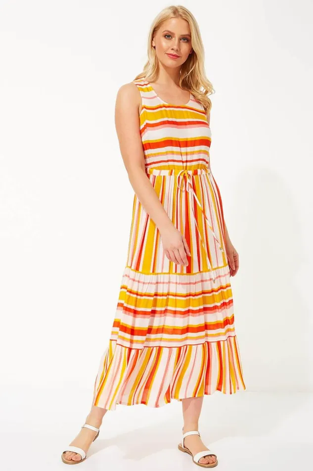 Women Orange Stripe Tiered Maxi Dress Roman Dresses