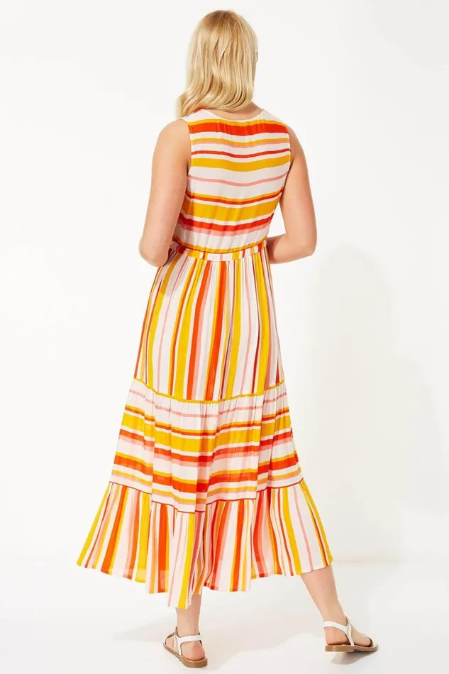 Women Orange Stripe Tiered Maxi Dress Roman Dresses