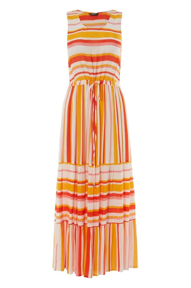 Women Orange Stripe Tiered Maxi Dress Roman Dresses