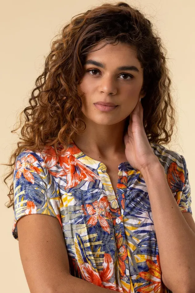 Women Orange Tropical Print Tie Front VNeck Stretch Top Roman Tops