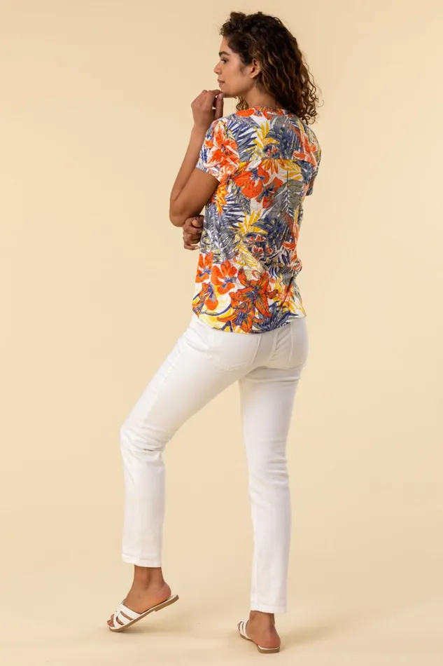 Women Orange Tropical Print Tie Front VNeck Stretch Top Roman Tops