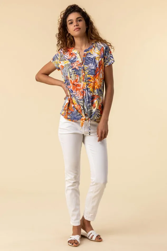 Women Orange Tropical Print Tie Front VNeck Stretch Top Roman Tops