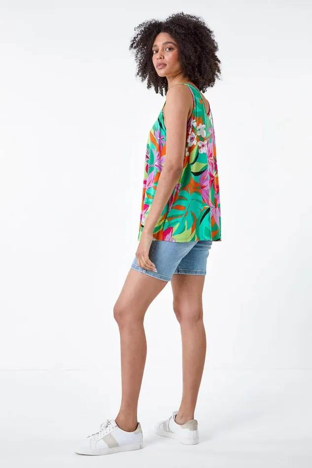 Women Orange Tropical Print VNeck Stretch Vest Roman Tops