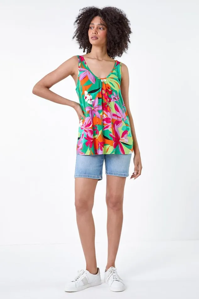 Women Orange Tropical Print VNeck Stretch Vest Roman Tops