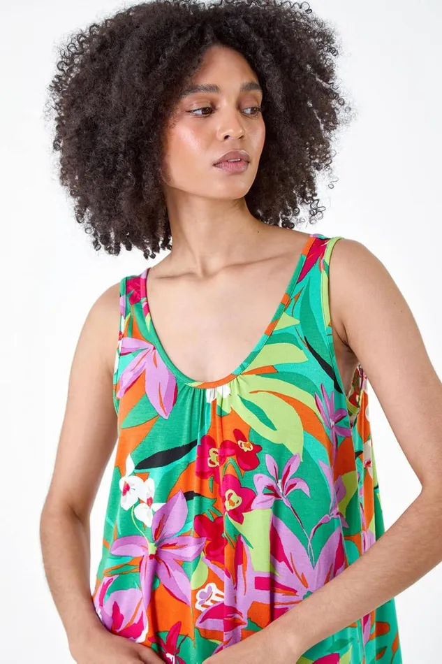 Women Orange Tropical Print VNeck Stretch Vest Roman Tops