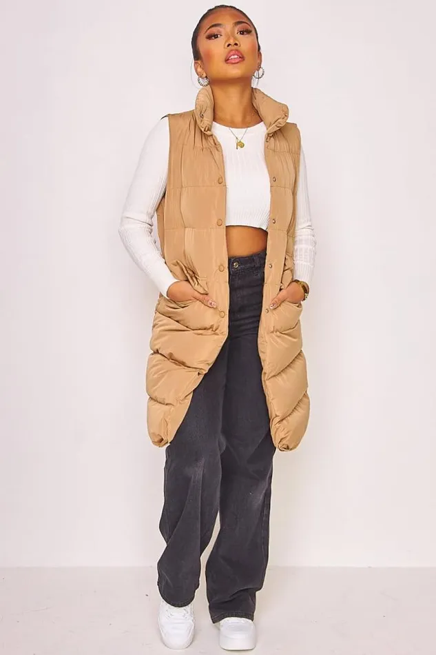 Women Padded Longline Gilet In Dark Beige Beige Brentiny Paris Parkas And Down Jackets