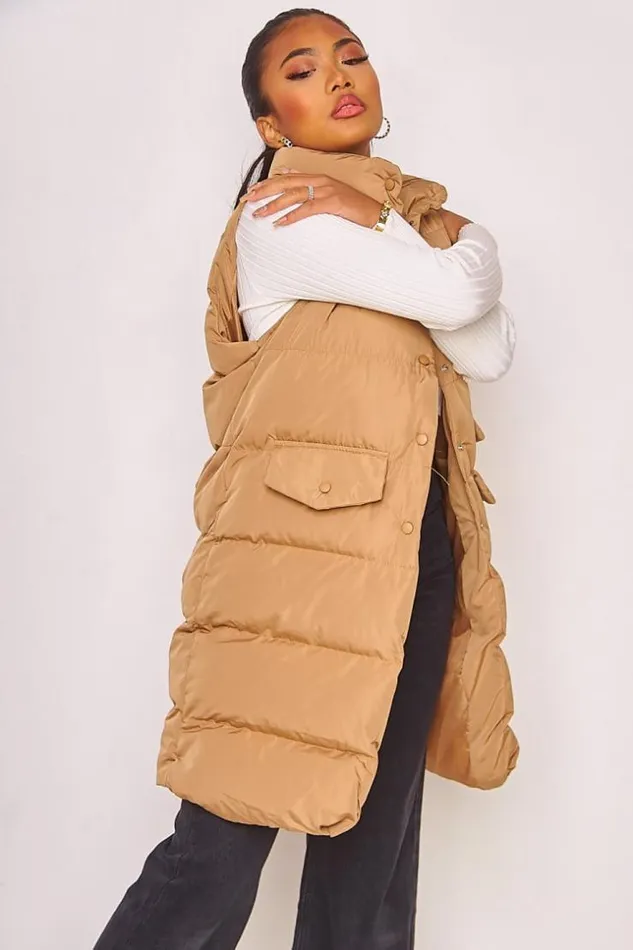 Women Padded Longline Gilet In Dark Beige Beige Brentiny Paris Parkas And Down Jackets