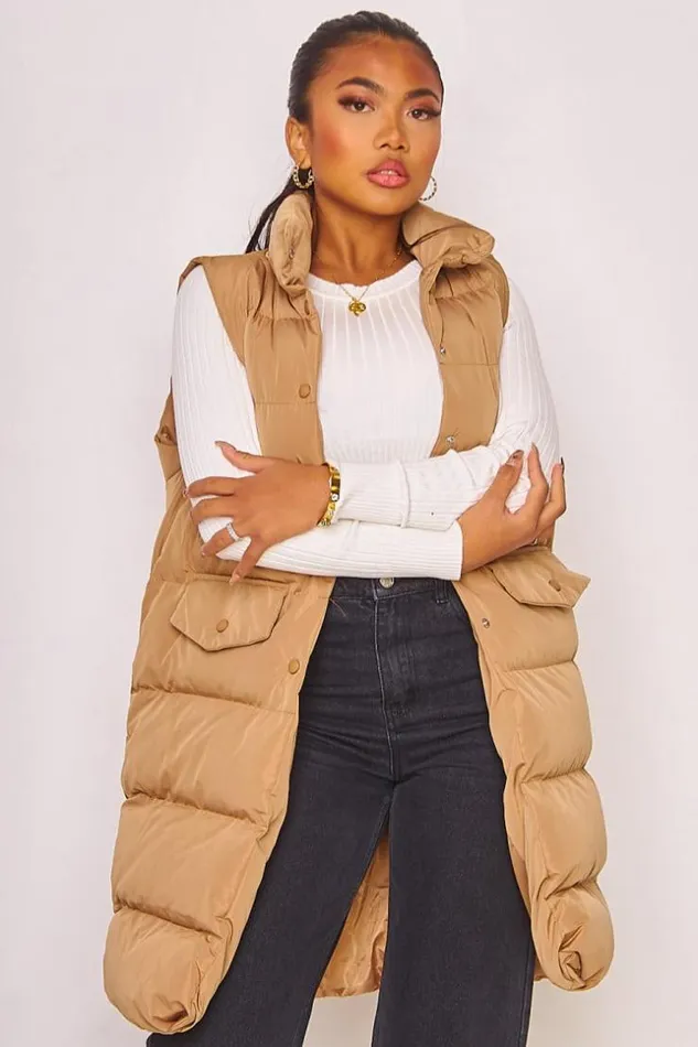 Women Padded Longline Gilet In Dark Beige Beige Brentiny Paris Parkas And Down Jackets