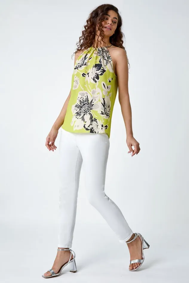 Women Pale Green Floral Halterneck Top Roman Tops