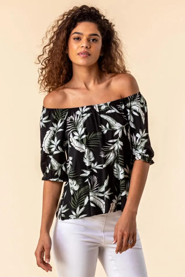 Women Palm Leaf Print Bardot Top Roman Tops