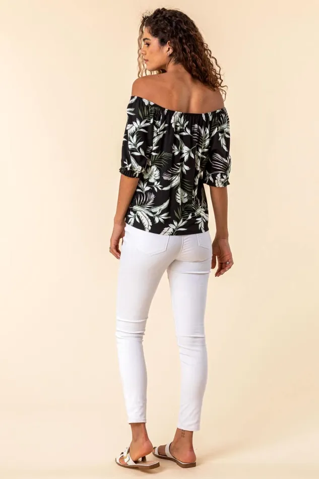 Women Palm Leaf Print Bardot Top Roman Tops