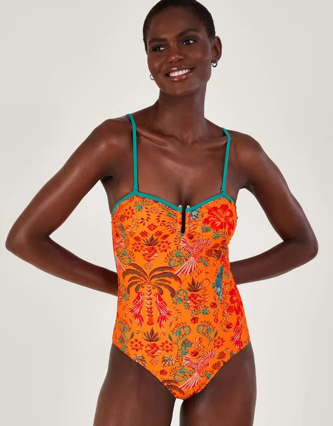 Women Palm Print Swimsuit In Recycled Polyester Orange Monsoon Beachwear and Swimwear