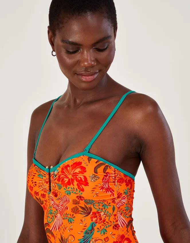 Women Palm Print Swimsuit In Recycled Polyester Orange Monsoon Beachwear and Swimwear