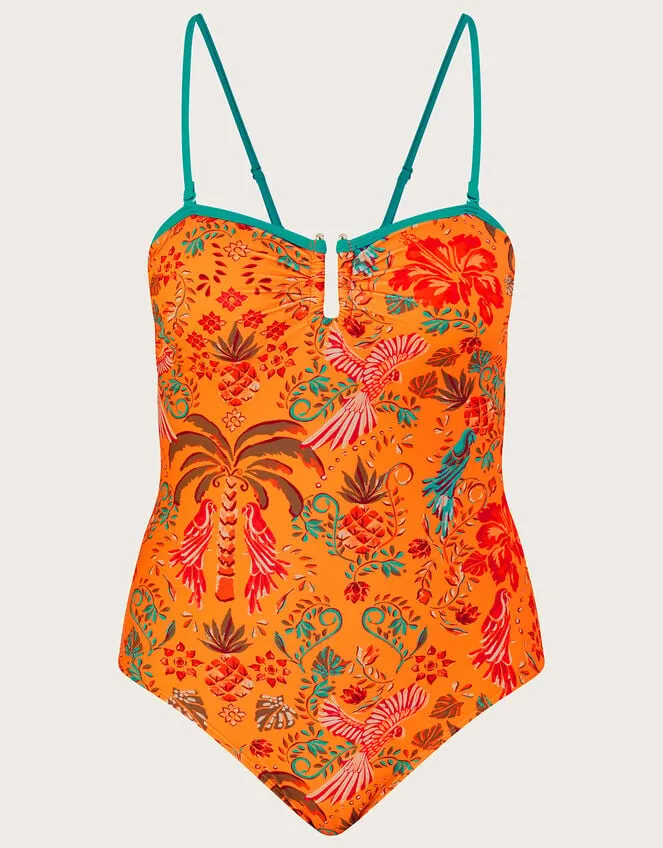 Women Palm Print Swimsuit In Recycled Polyester Orange Monsoon Beachwear and Swimwear